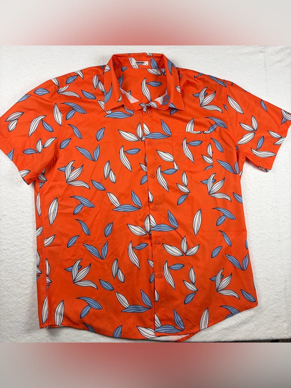 Mens Orange Leaf-Print Short Sleeve Button-Down‎ Shirt